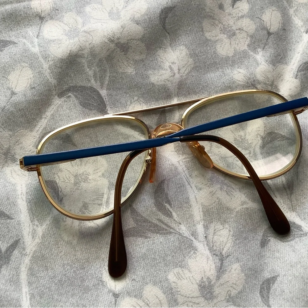 Vintage SRO 90s French Browline Glasses Blue Gold Frame